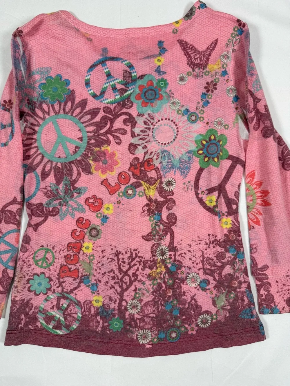 VINTAGE PLACE Girls Peace Love Long Sleeve Tee S 5-6 Boho Hippie Butterfly Y2K